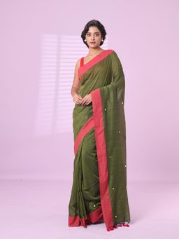 CHARUKRITI - Sap Green Cotton Sequence Work Soft Saree Contrast Border with Unstitched Blouse
