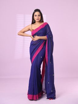 CHARUKRITI - Navy Blue Cotton Sequence Work Soft Saree Contrast Border with Unstitched Blouse