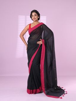 CHARUKRITI - Black Cotton Sequence Work Soft Saree Contrast Border with Unstitched Blouse