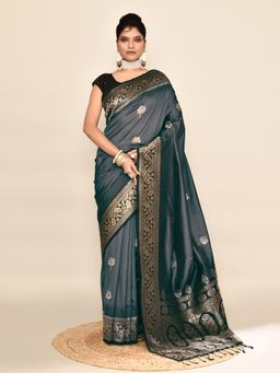 Elora - Soft Silk Floral Banarasi Weaving Saree Grey & Black with Unstitched Blouse