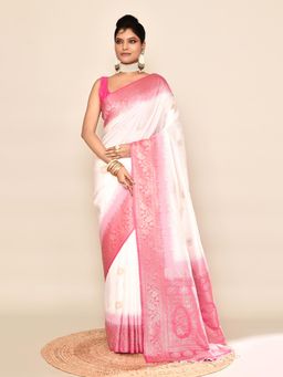 Elora - Soft Silk Floral Banarasi Weaving Saree White & Rani Pink with Unstitched Blouse