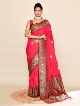 Elora - Soft Silk Floral Banarasi Weaving Saree Rani Pink & Bottle Green with Unstitched Blouse