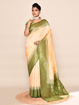 Elora - Soft Silk Floral Banarasi Weaving Saree Light Yellow & Parrot Green with Unstitched Blouse