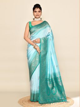 Elora - Soft Silk Floral Banarasi Weaving Saree Sky Blue & Rama with Unstitched Blouse
