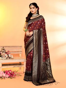 Elora - Pure Soft Silk Woven Designed Banarasi Saree Maroon with Unstitched Blouse