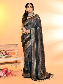 Elora - Pure Soft Silk Woven Designed Banarasi Saree Grey with Unstitched Blouse
