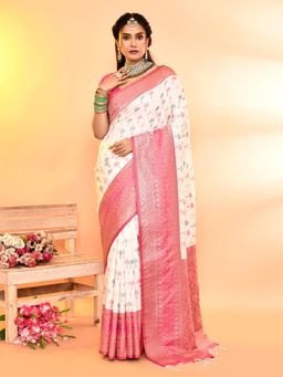 Elora - Pure Soft Silk Woven Designed Banarasi Saree White with Unstitched Blouse
