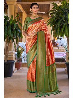 Mysilklove - Copper Orange Woven Kanjivaram Saree with Unstitched Blouse
