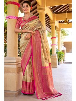 Mysilklove - Maize Cream and Pink Woven Kanjivaram Saree with Unstitched Blouse