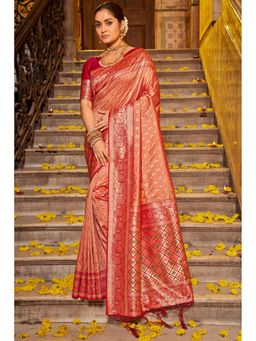 Mysilklove - Dark Plum Peach Zari Woven Banarasi Saree with Unstitched Blouse