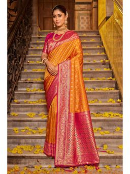 Mysilklove - Carrot Orange Zari Woven Banarasi Saree with Unstitched Blouse
