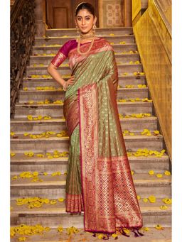 Mysilklove - Teak Green Zari Woven Banarasi Saree with Unstitched Blouse