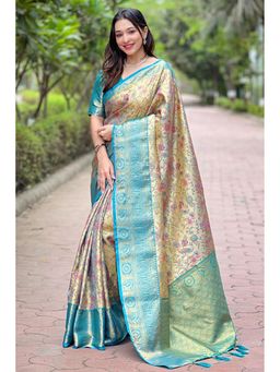 Mysilklove - Opal Blue and Cream Woven Banarasi Saree with Unstitched Blouse