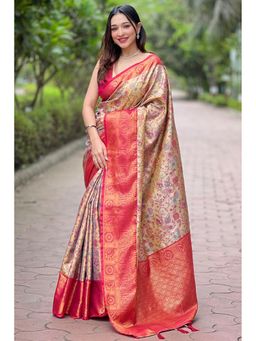 Mysilklove - Valencia Red and Cream Woven Banarasi Saree with Unstitched Blouse