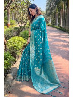 Mysilklove - Lochinvar Blue Zari Woven Organza Saree with Unstitched Blouse
