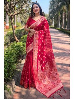Mysilklove - Rose Pearl Red Zari Woven Organza Saree with Unstitched Blouse