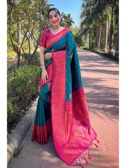 Mysilklove - Metallic Seaweed Blue and Pink Zari Woven Banarasi Saree with Unstitched Blouse