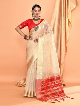 Elora - Pure Linen Silk Ikat Butti Zari Weaving Saree Cream with Unstitched Blouse