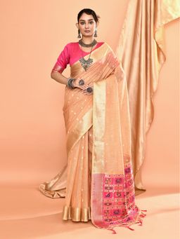 Elora - Pure Linen Silk Ikat Butti Zari Weaving Saree Beige with Unstitched Blouse