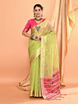 Elora - Pure Linen Silk Ikat Butti Zari Weaving Saree Dusty Green with Unstitched Blouse