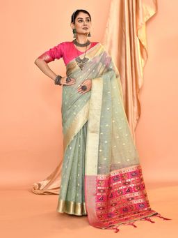 Elora - Pure Linen Silk Ikat Butti Zari Weaving Saree Dusty Blue with Unstitched Blouse