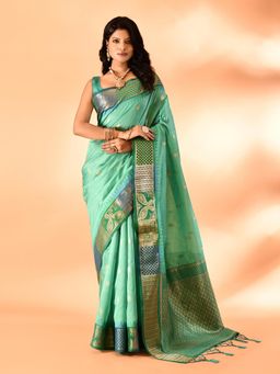 Elora - Pure Cotton Silk Banarasi Weaving Saree Sea Green with Unstitched Blouse