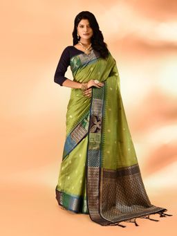 Elora - Pure Cotton Silk Banarasi Weaving Saree Green with Unstitched Blouse