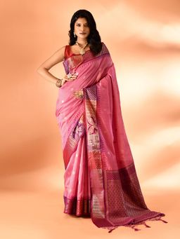 Elora - Pure Cotton Silk Banarasi Weaving Saree Pink with Unstitched Blouse