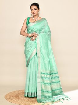 Elora - Soft Silk Leaf Printed Baluchari Weaving Saree Sea Green with Unstitched Blouse