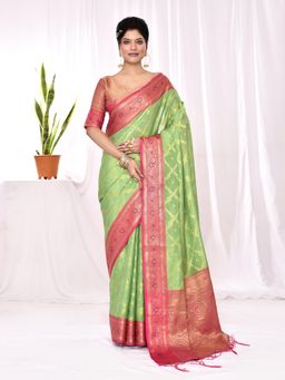 Elora - Soft Silk Banarasi Woven Chex Weaving Saree Green with Unstitched Blouse