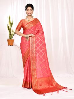Elora - Soft Silk Banarasi Woven Chex Weaving Saree Pink with Unstitched Blouse