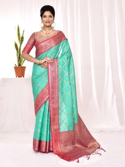 Elora - Soft Silk Banarasi Woven Chex Weaving Saree Sea Green with Unstitched Blouse