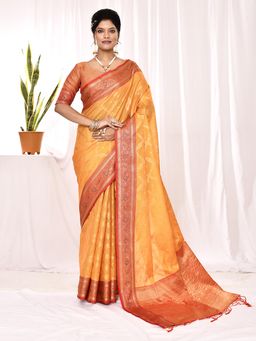 Elora - Soft Silk Banarasi Woven Chex Weaving Saree Yellow with Unstitched Blouse