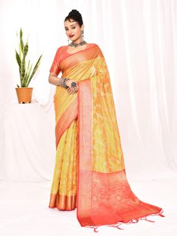 Elora - Tissue Silk Banarasi Woven Floral Weaving Saree Golden Yellow with Unstitched Blouse