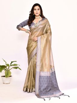 Elora - Plain Banarasi Tissue Silk Weaving Saree Grey with Unstitched Blouse