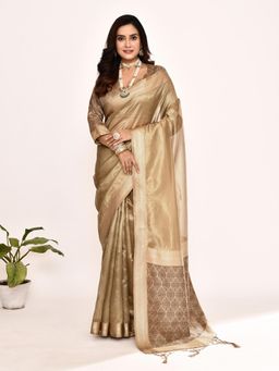 Elora - Plain Banarasi Tissue Silk Weaving Saree Cream with Unstitched Blouse