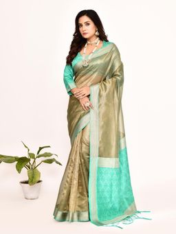 Elora - Plain Banarasi Tissue Silk Weaving Saree Sea Green with Unstitched Blouse