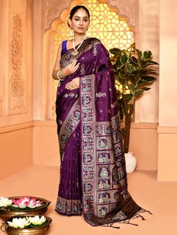 Elora - Pure Soft Silk Baluchari Weaving Saree Purple with Unstitched Blouse