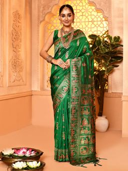 Elora - Pure Soft Silk Baluchari Weaving Saree Green with Unstitched Blouse