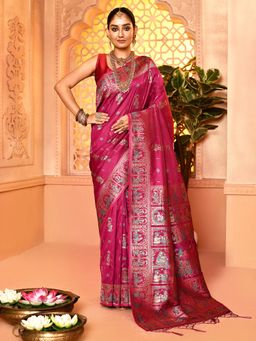 Elora - Pure Soft Silk Baluchari Weaving Saree Pink with Unstitched Blouse
