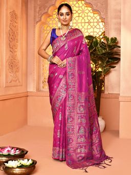 Elora - Pure Soft Silk Baluchari Weaving Saree Magenta with Unstitched Blouse