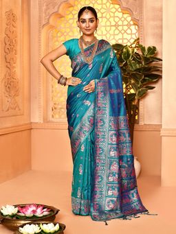 Elora - Pure Soft Silk Baluchari Weaving Saree Firozi with Unstitched Blouse