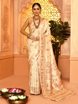 Elora - Pure Soft Silk Baluchari Weaving Saree Cream with Unstitched Blouse