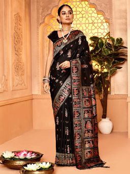 Elora - Pure Soft Silk Baluchari Weaving Saree Black with Unstitched Blouse