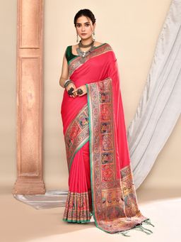Elora - Pure Soft Silk Banarasi Plain Weaving Saree Pink with Unstitched Blouse