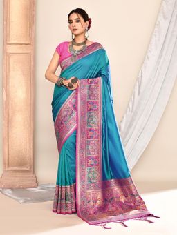 Elora - Pure Soft Silk Banarasi Plain Weaving Saree Royal Blue with Unstitched Blouse