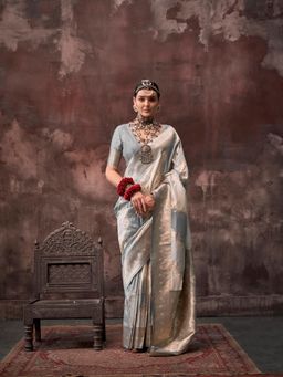 Elora - Pure Soft Silk Banarasi Weaving Saree Grey and Off White with Unstitched Blouse