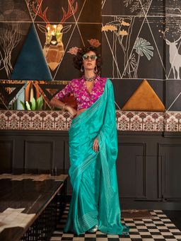 Elora - Pure Viscose Bollywood Saree Turquoise with Unstitched Blouse