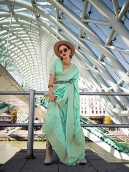 Elora - Pure Katan Silk Checks Handloom Weaving Saree Seafoam Green with Unstitched Blouse