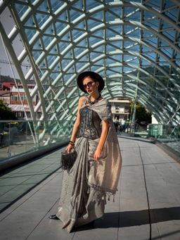 Elora - Pure Katan Silk Checks Handloom Weaving Saree Grey with Unstitched Blouse